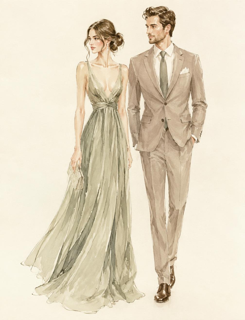 Illustration of guests in a sage gown and taupe suit