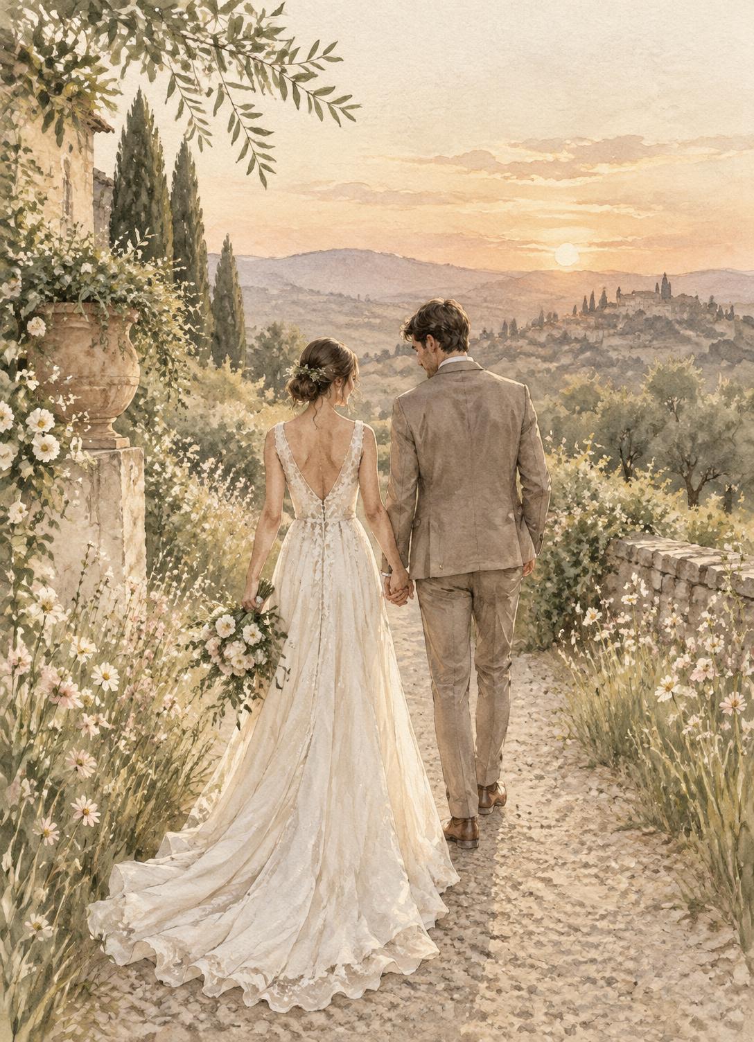 Watercolour of Olivia and Alexander walking through a garden at sunset