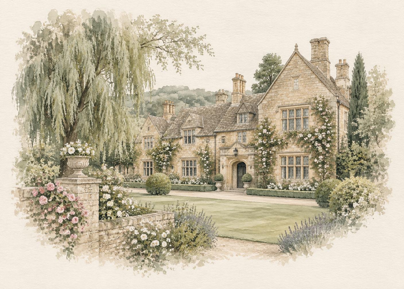 Watercolour of The Willow Estate, a honey-stone Cotswold manor